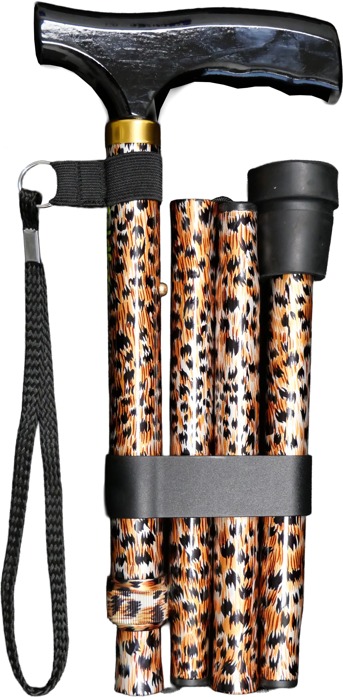 Foldable walking stick with cheetah print design on a white background
