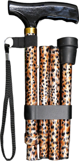 Foldable walking stick with cheetah print design on a white background
