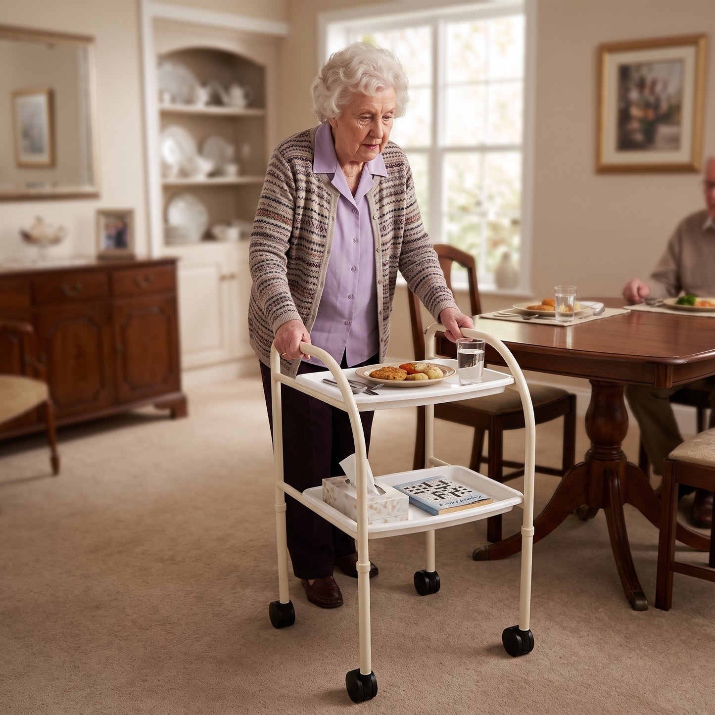 An elderly woman pushes Chevron Multi-Tray Trolley in a bright dining room. The cart has two shelves, one holding a plate of food, a glass of water, a tissue box, and a small tray.