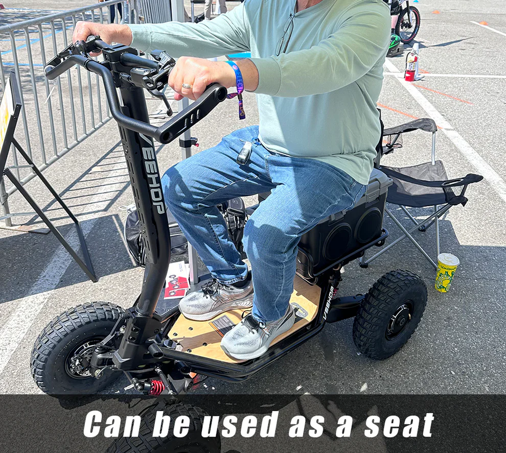 Cooler Box with Bluetooth Speakers & Seat Function for Veehop Scooters with person sitting on it