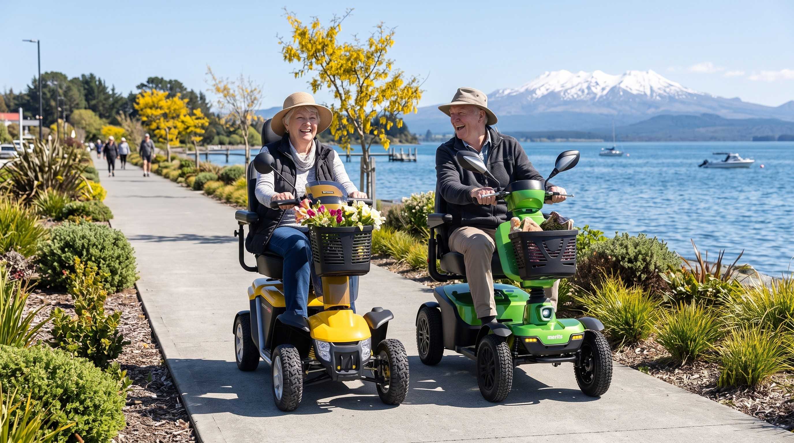 Couple Riding Mobility Scooters along Taupo Waterfront with Mountains in Background 