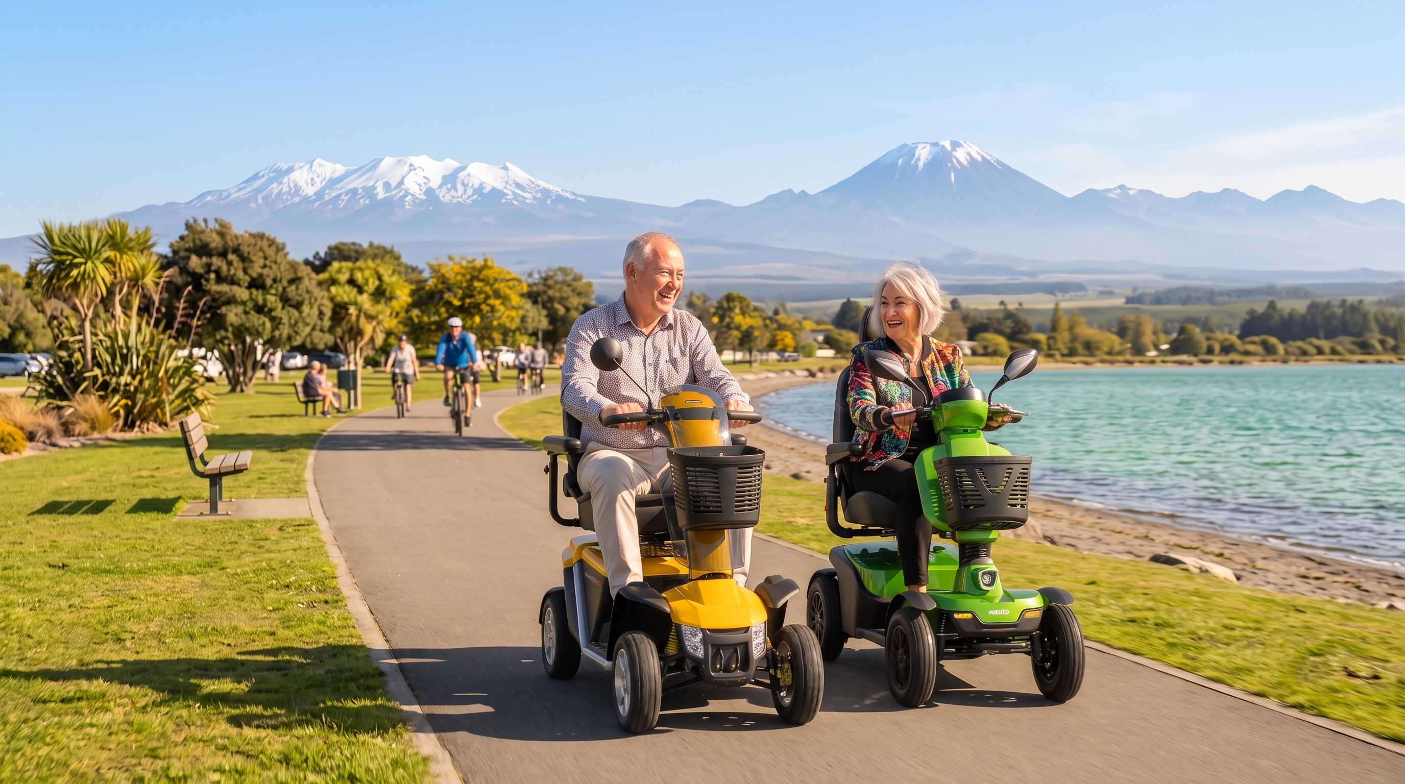 Couple Riding Mobility Scooter along Taupo Waterfront with Mountains in Background 