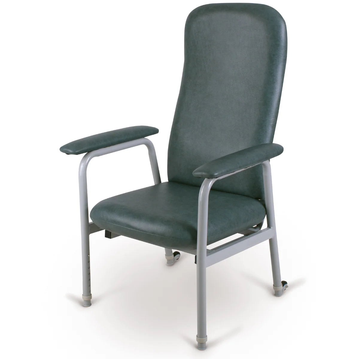 A Viking Euro High Back Rehab Chair with dark green upholstered seat and backrest, supported by a silver metal frame with casters, shown on a white background.