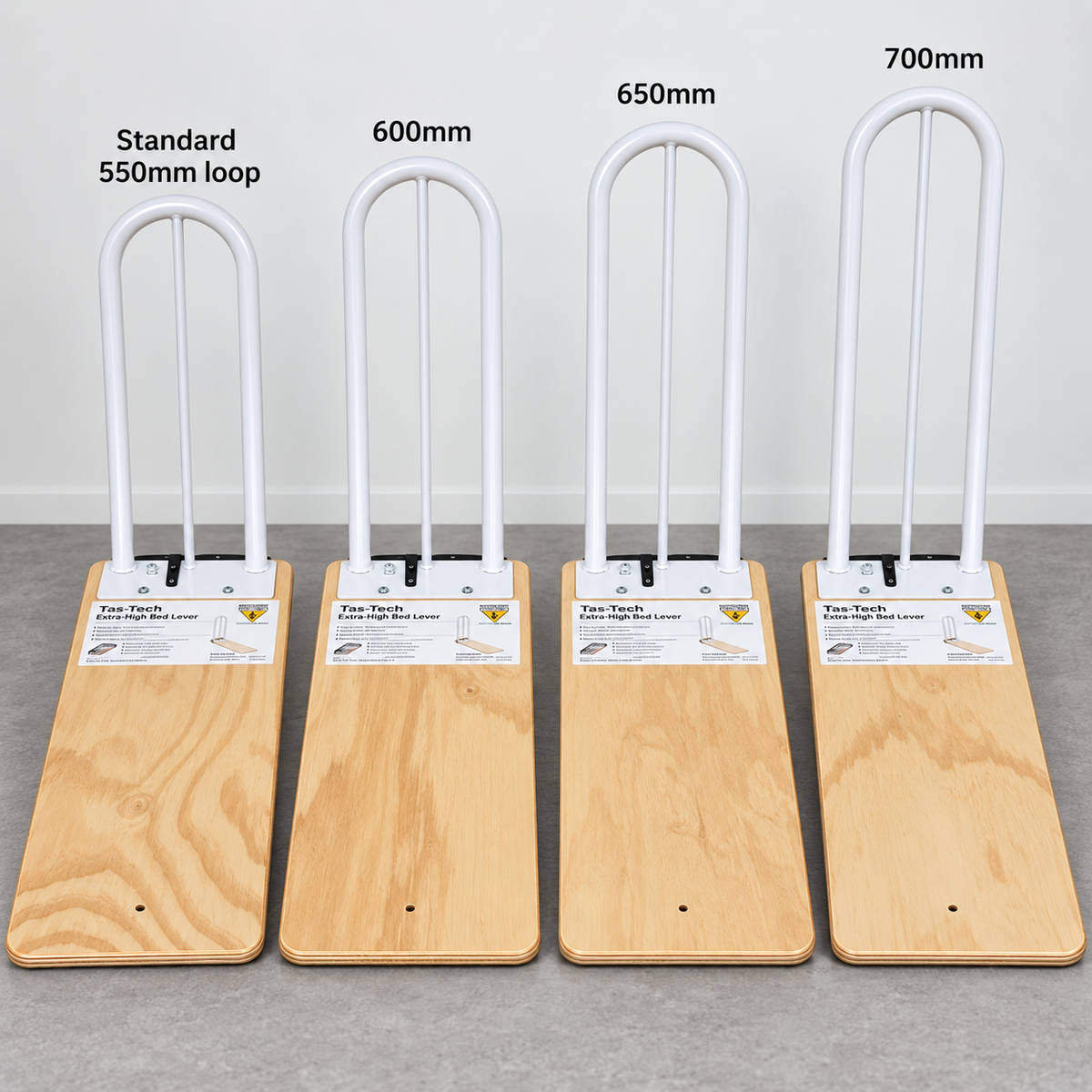 Tas-Tech Bed Lever with Cord & Cleat showing different heights