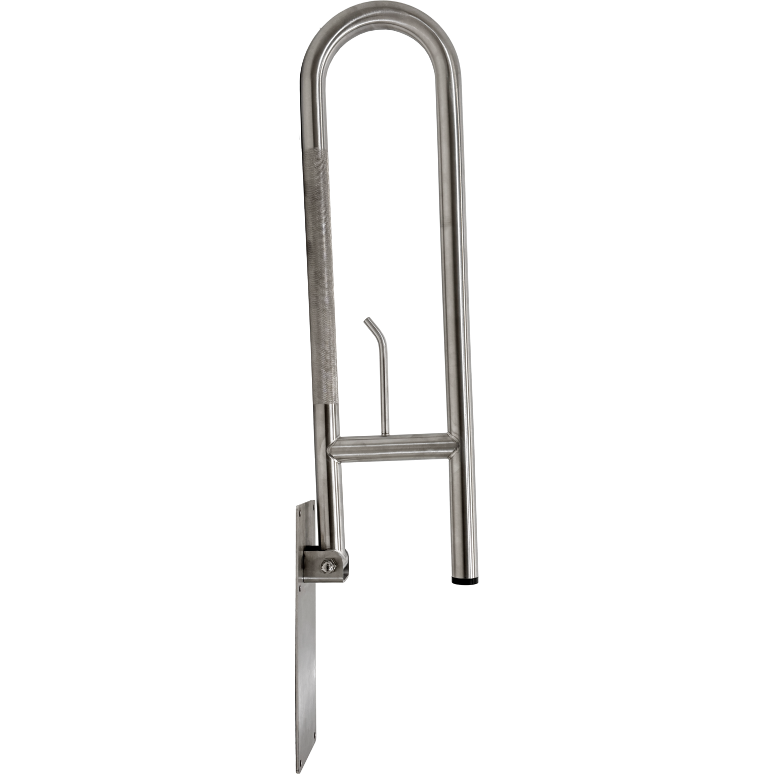 Stainless steel fold up handrail on a white background