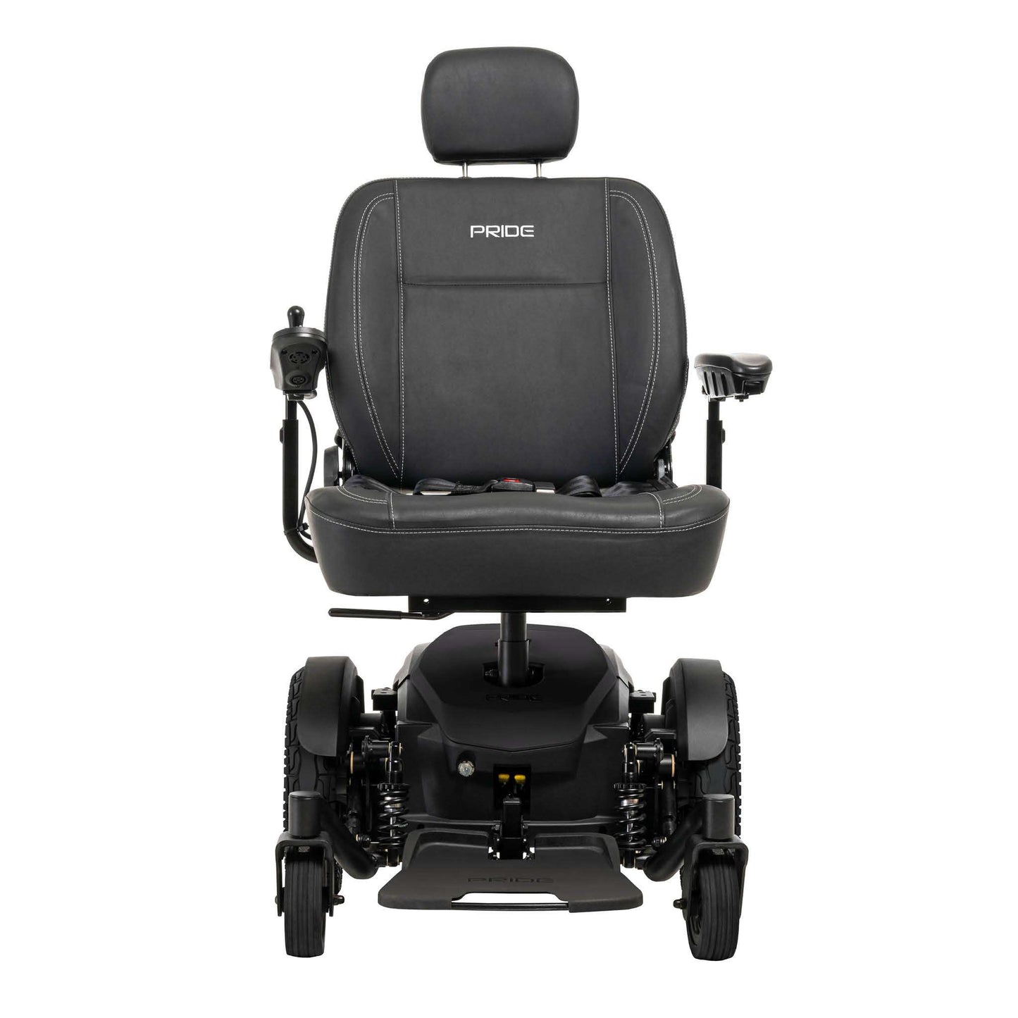 A Pride Mobility Jazzy EVO 614 HD Powerchair shown from the front against a solid white background. The chair features a padded seat with the brand name 'PRIDE' printed on the backrest, a headrest, side controls, and a motorized base with wheels.