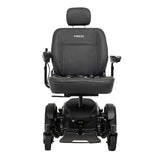 A Pride Mobility Jazzy EVO 614 HD Powerchair shown from the front against a solid white background. The chair features a padded seat with the brand name 'PRIDE' printed on the backrest, a headrest, side controls, and a motorized base with wheels.
