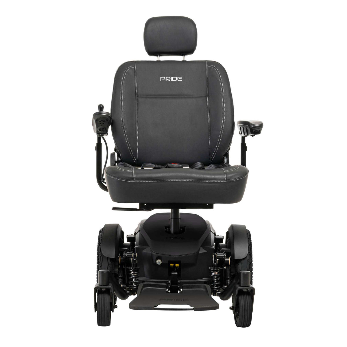 A Pride Mobility Jazzy EVO 614 HD Powerchair shown from the front against a solid white background. The chair features a padded seat with the brand name 'PRIDE' printed on the backrest, a headrest, side controls, and a motorized base with wheels.