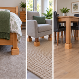Three vertical panels show a set of Tas-Tech Chair / Bed Blocks under furniture in real home settings: a bed, an armchair, and a dining table. The blocks are made of light natural wood and are shown elevating the furniture on carpet, rug, and hardwood floors.