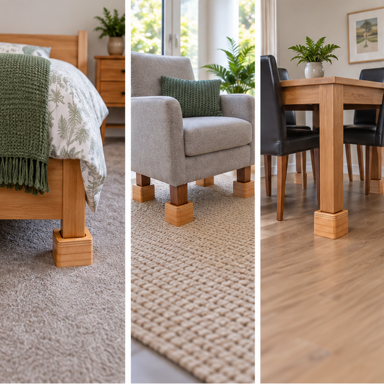 Three vertical panels show a set of Tas-Tech Chair / Bed Blocks under furniture in real home settings: a bed, an armchair, and a dining table. The blocks are made of light natural wood and are shown elevating the furniture on carpet, rug, and hardwood floors.