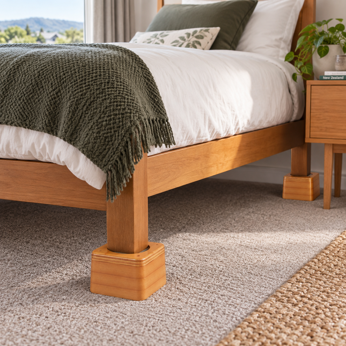 Tas-Tech Chair / Bed Blocks under a bed in a bedroom setting
