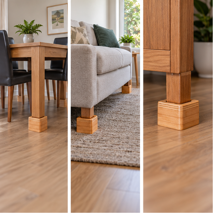 A collage showing multiple views of a set of Tas-Tech Chair / Bed Blocks, including close-ups of the wood hardware, and installed examples on a bed, chair, table, and sofa in a bright living room.