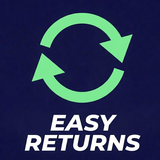 Green recycling symbol with 'EASY RETURNS' text on a dark blue background