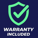 Green shield with a checkmark and 'Warranty Included' text on a dark blue background