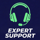 Green headset icon with 'Expert Support' text on a dark blue background