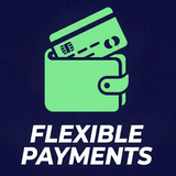Green wallet with a credit card and 'Flexible Payments' text on a dark blue background