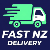 Green delivery truck icon with 'FAST NZ DELIVERY' text on a dark blue background