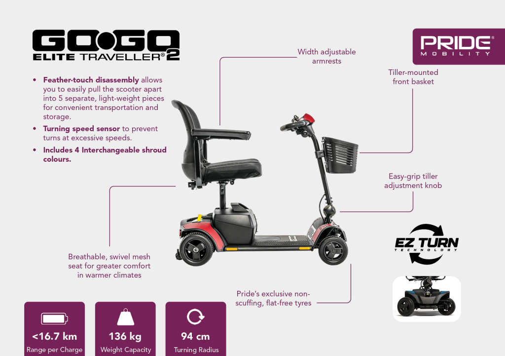 Pride Mobility Go Go Elite Traveller 2 with features listed on a white background