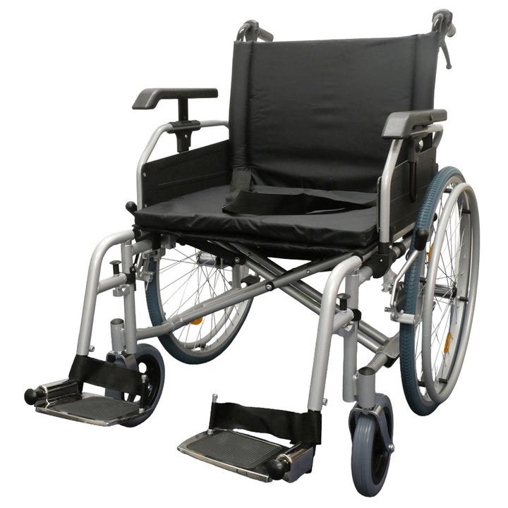 A GF Heavy Duty Self-Propelled Wheelchair with a black fabric seat and backrest, a silver metal frame, and black wheels, shown against a plain white background.