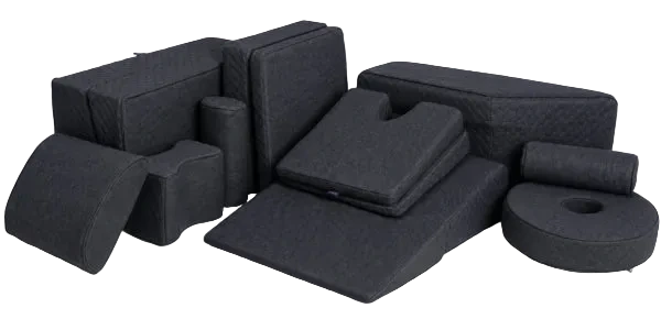 A set of Charcoal Supporta Range of iCare cushions arranged on a white background.