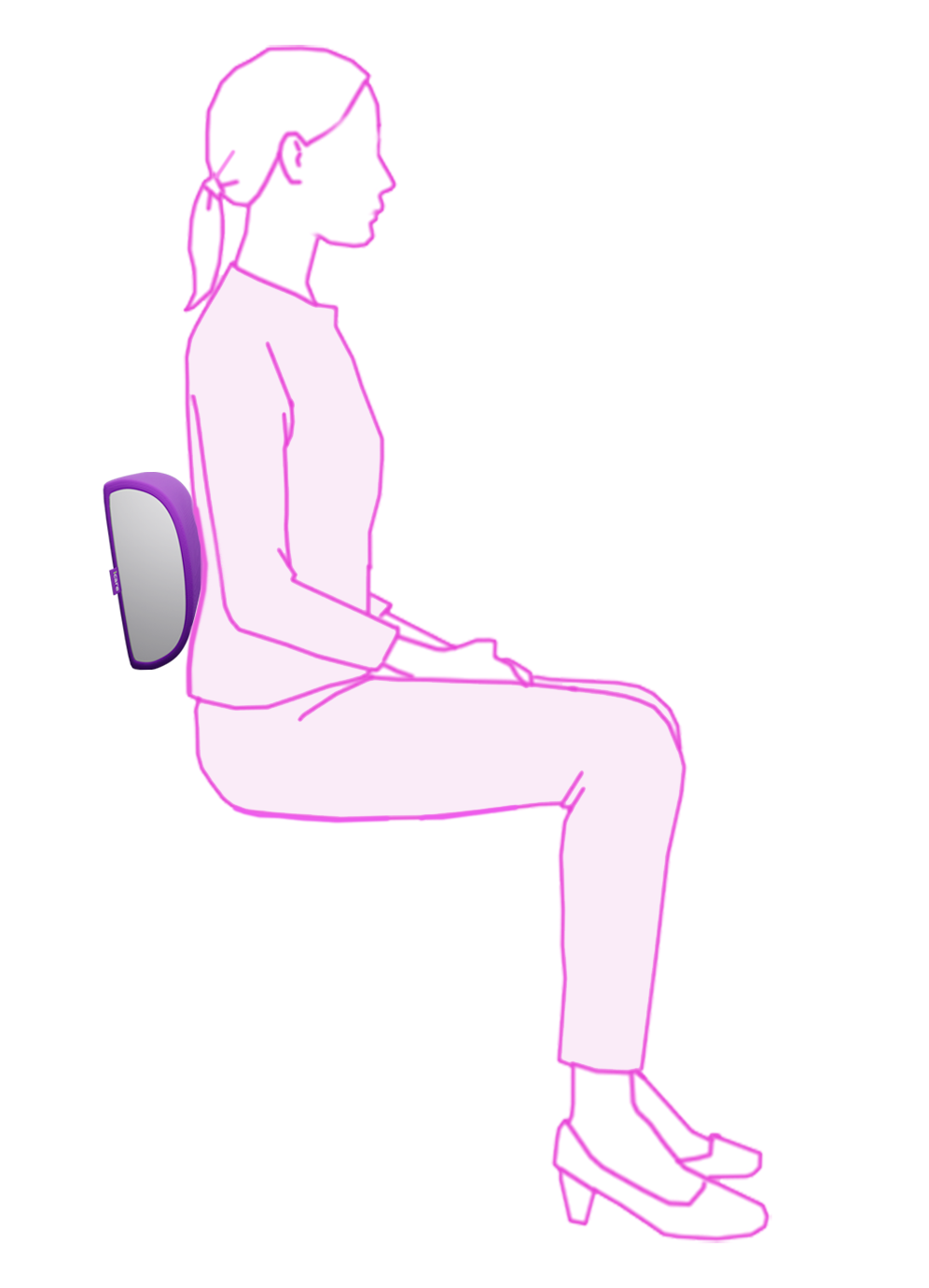 A simple line drawing shows a seated woman in side profile with a icare Supporta Back Cushion attached behind her lower back, on a plain white background.