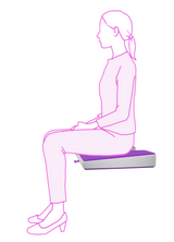 A pink line drawing of a seated woman on a purple icare Coccyx Wedge on a chair against a light gray background.