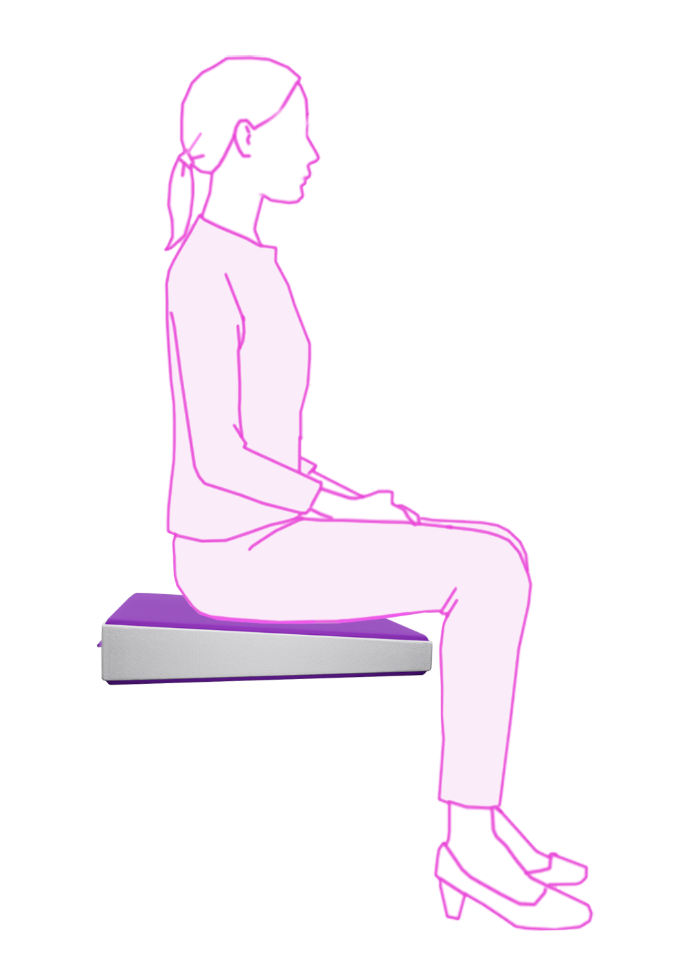 A minimalist line drawing shows a seated woman in side profile on a icare Posture Wedge cushion against a plain white background.