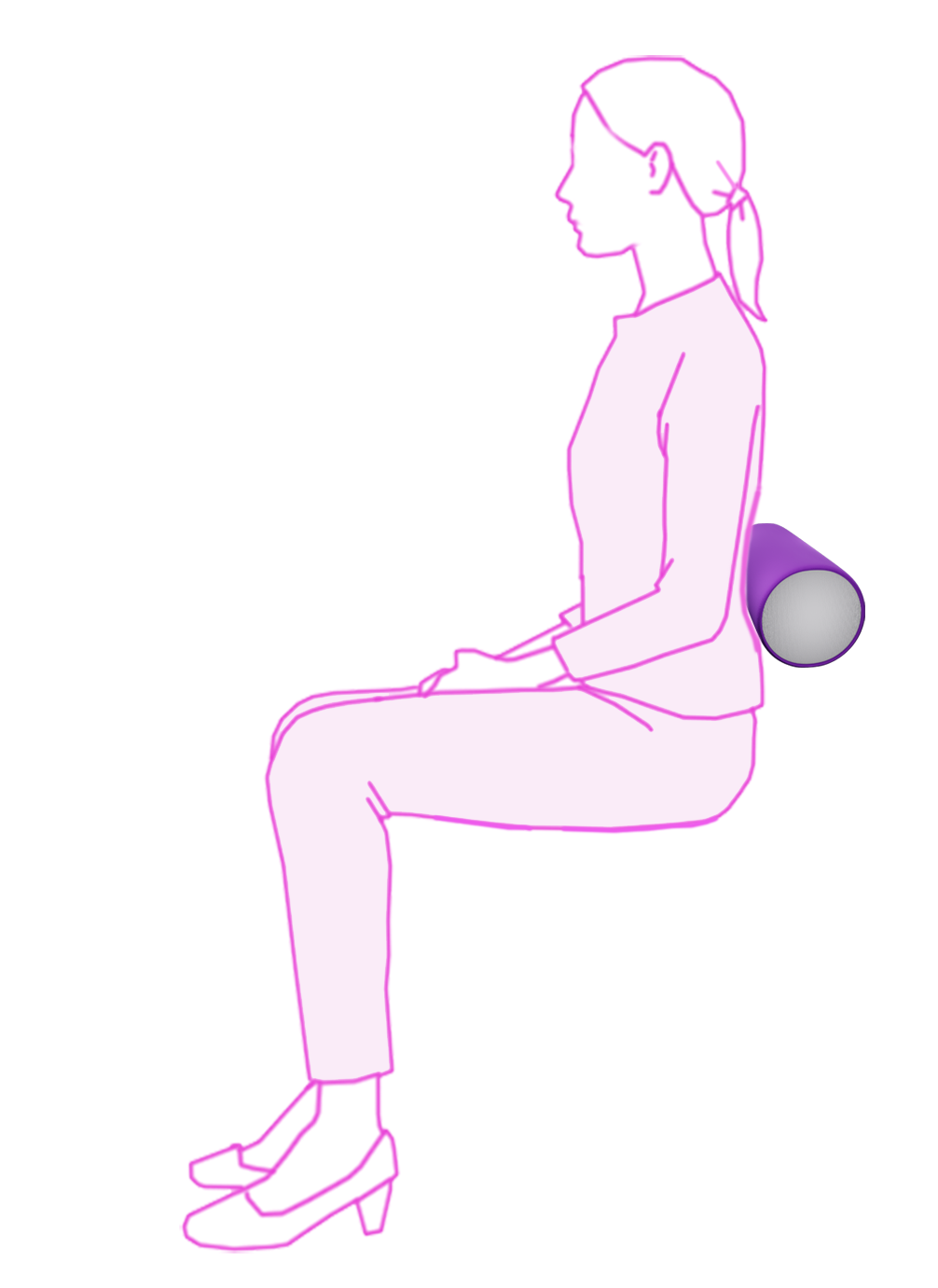 A minimalist line drawing shows a seated woman in pale pink clothing with a purple icare Supporta Full Lumbar Roll against her lower back. The image appears to illustrate a body-massager or back-rolling exercise pose rather than depict a real photographed product in detail.