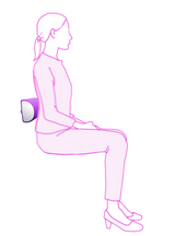 A simple line drawing shows a seated woman in side profile with a small purpleicare Supporta half Lumbar Roll, on a plain white background.