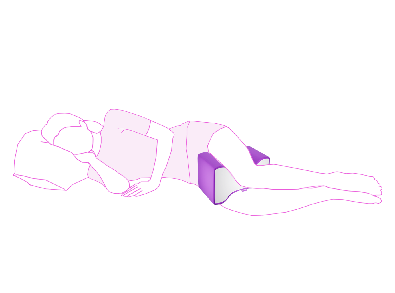 A minimalist line drawing of a person lying on their side with a purple icare Supporta Knee Cushion under the lower back, shown on a plain white background.