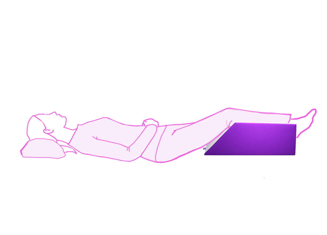 Outline of a person lying on their side with a purple icare Leg Raiser under their leg on a white background