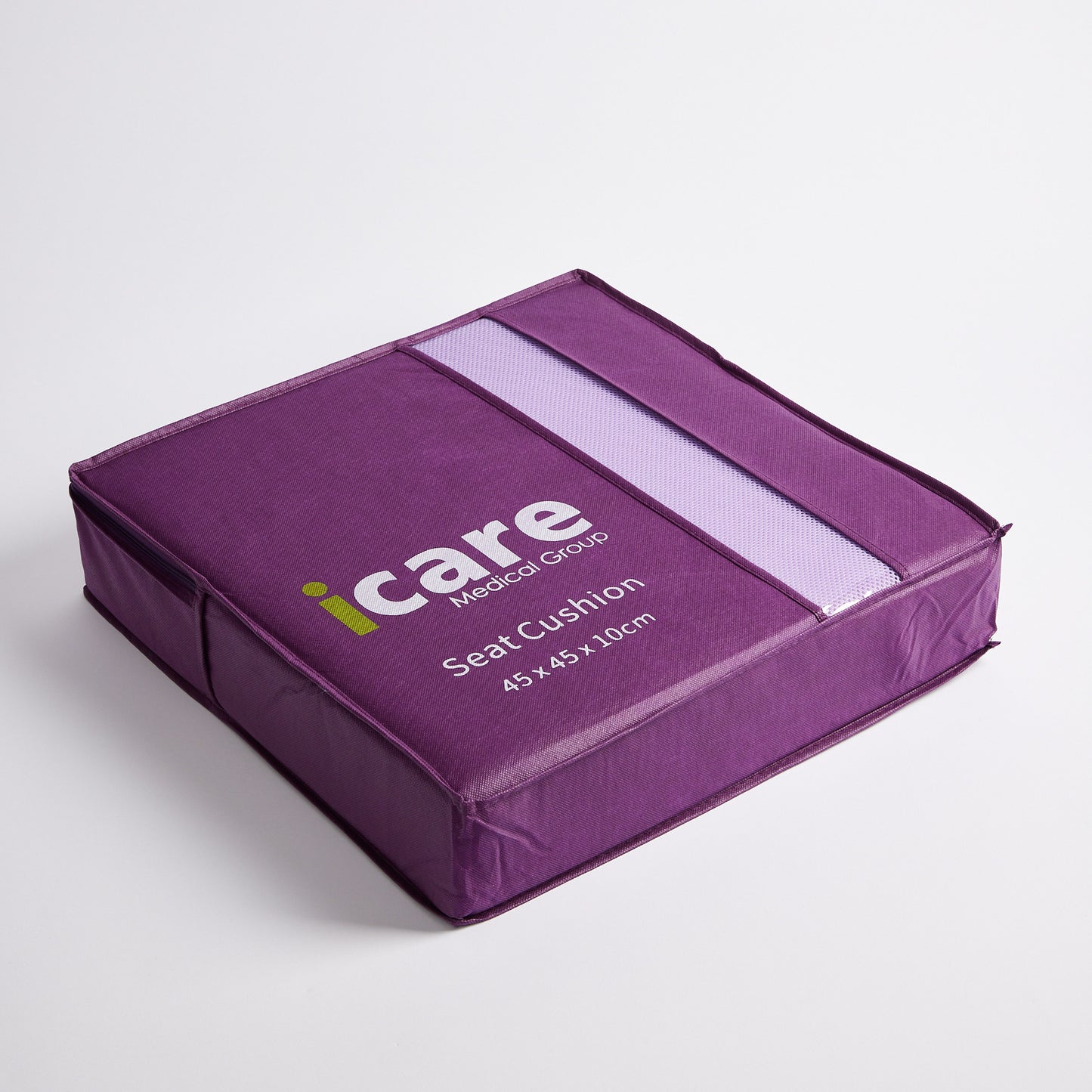 A purple iCare Medical Group 10cm seat cushion with a white and purple striped handle, shown on a light gray background.