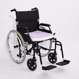 Wheelchair with a purple icare Supporta Seat Cushion on a white background