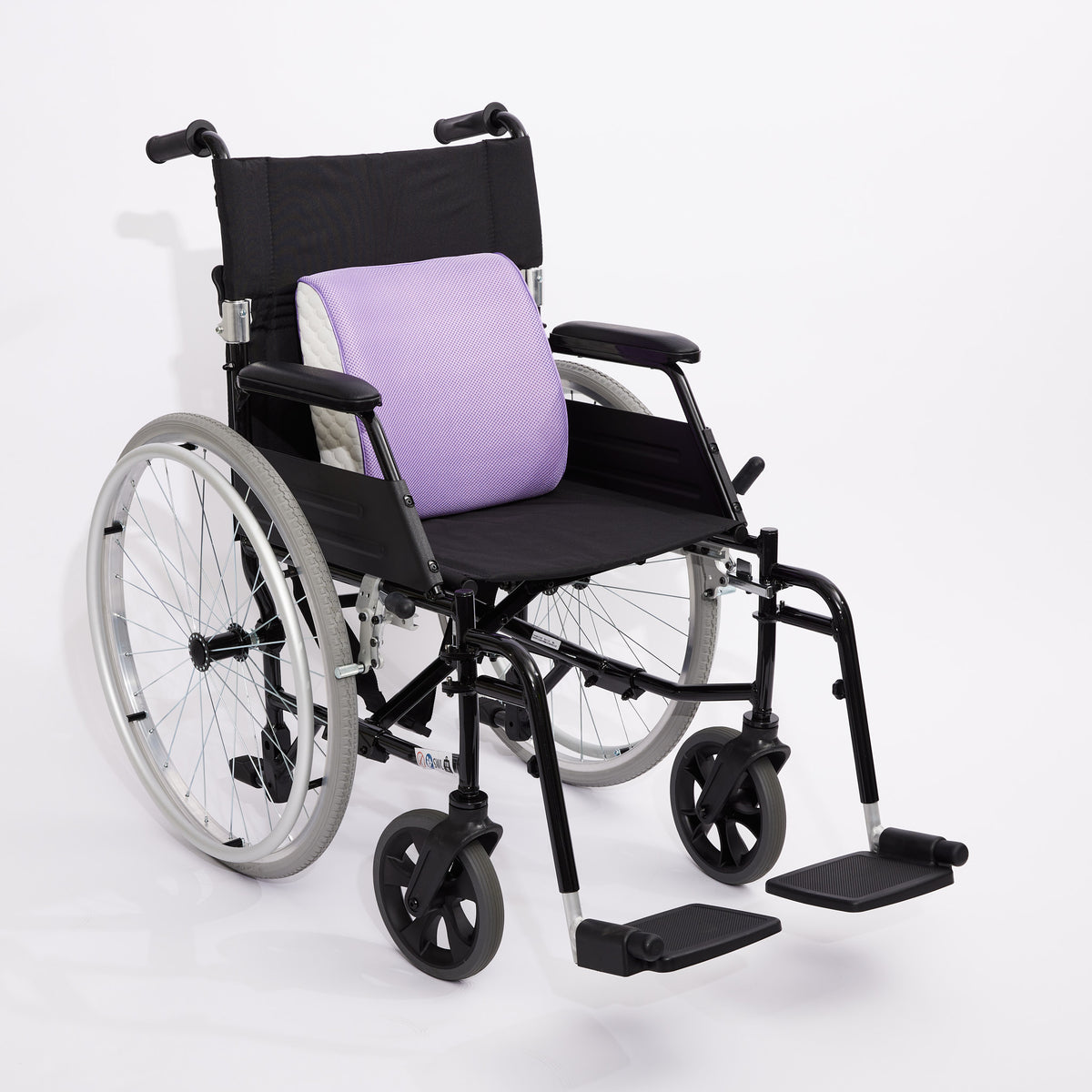 Wheelchair with a purple icare Supporta Back Cushion on a white background