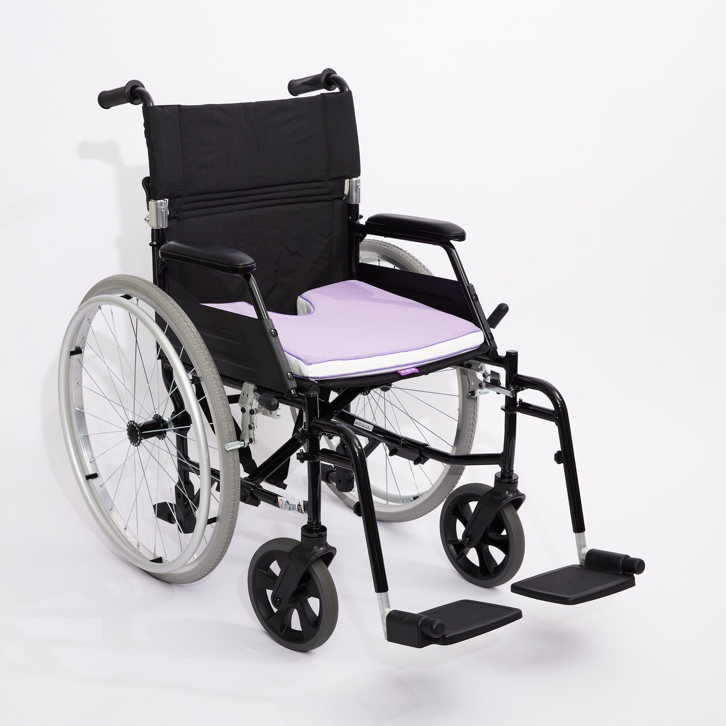 Wheelchair with a purple icare Coccyx Wedge  on a white background