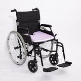 Wheelchair with a purple icare Coccyx Wedge  on a white background