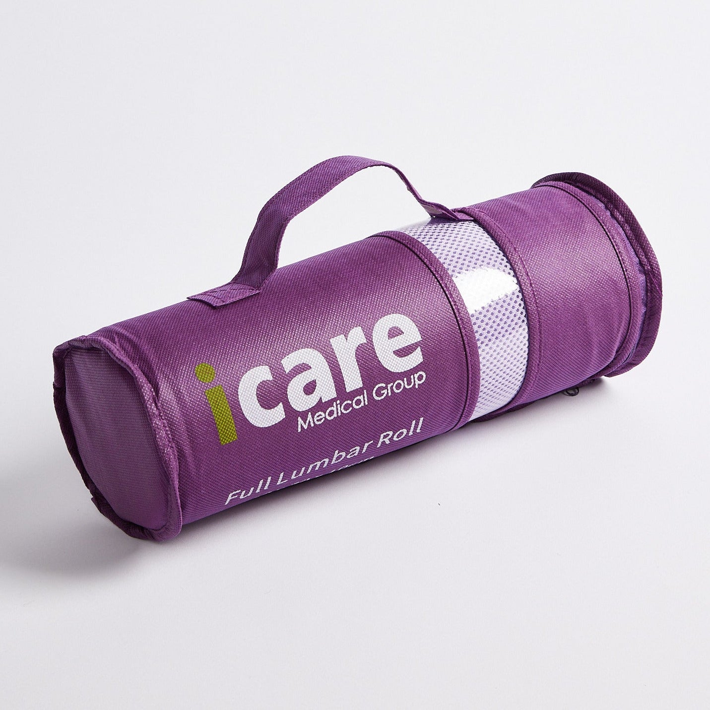 A purple icare Supporta Full Lumbar Roll with a carrying handle, featuring the 'iCare Medical Group' logo and 'Full Lumbor Roll' text, photographed on a clean white background.