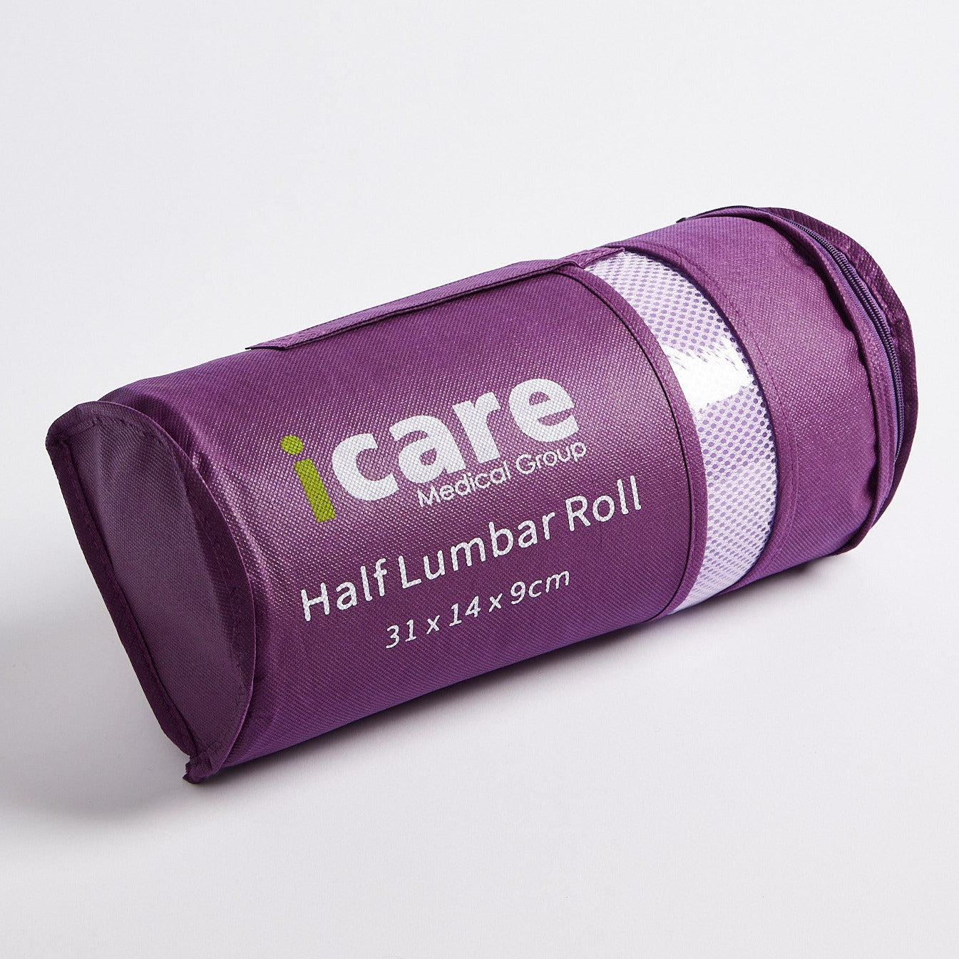 A purple rolled-up iCare Medical Group Half Lumbar Roll, shown on a clean light gray background.