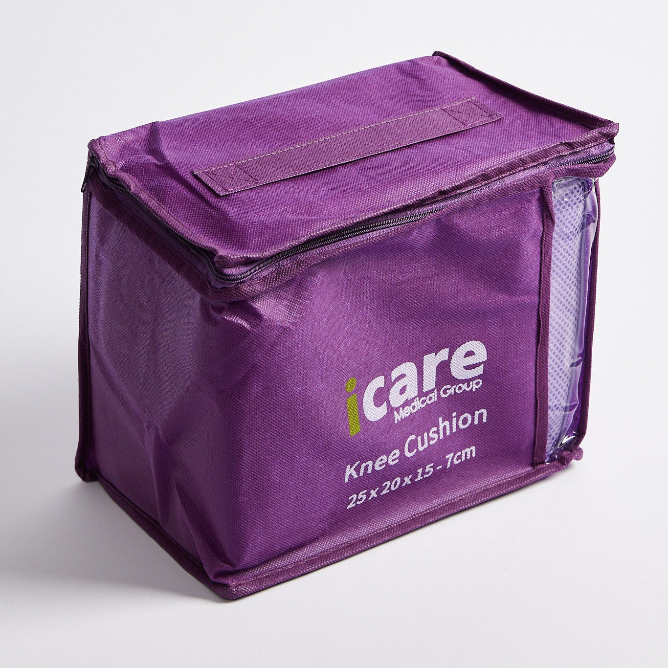 A purple iCare Medical Group knee cushion bag, shown at a three-quarter angle on a light gray studio background.