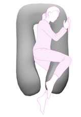 A gray icare Supporta Body Pillow or pillow with a pale pink line-art silhouette of a seated person overlaid on it, shown against a plain white background.