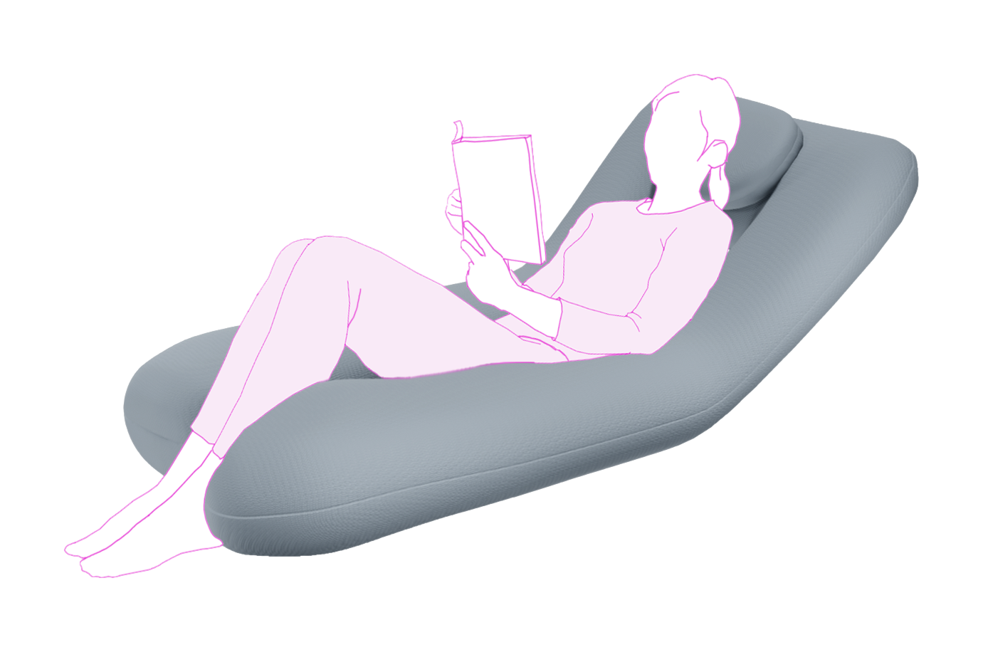 Illustration of a person lying on a gray icare Supporta Body Pillow reading a book.