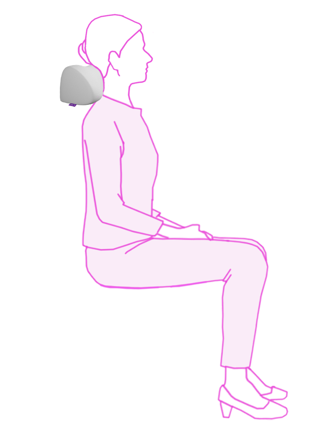 Outline of a person sitting with a icare Reform Neck Support pillow under their head on a white background