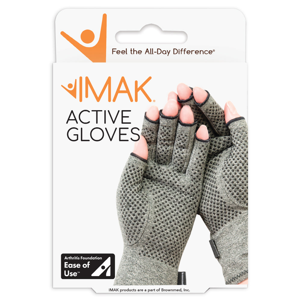 IMAK Active Gloves packaging with gloves on a white background