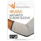 IMAK Compression Arthritis Elbow Sleeve packaging with a hand wearing the sleeve.