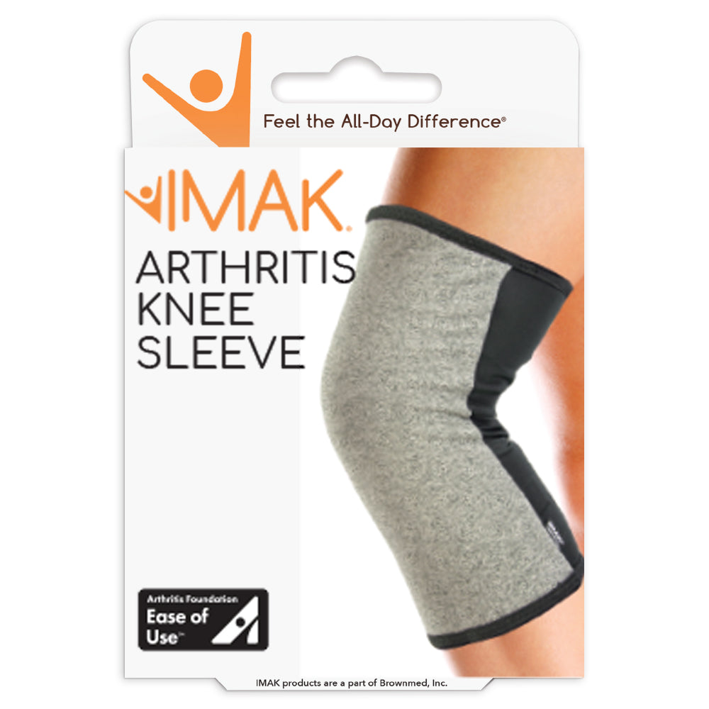 IMAK arthritis knee sleeve packaging with a person wearing the sleeve.