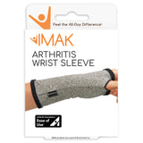 IMAK arthritis wrist sleeve packaging with a hand wearing the sleeve.