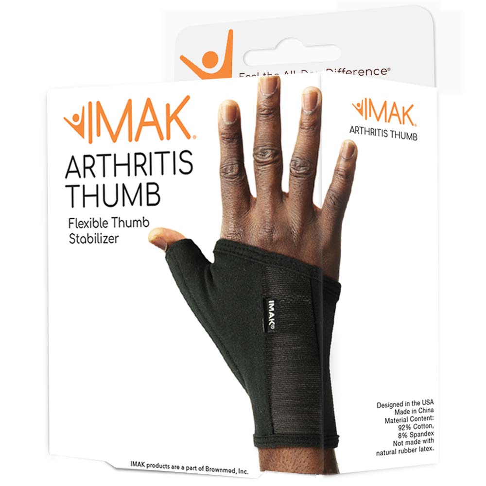IMAK arthritis thumb stabilizer with packaging showing a hand wearing the product.