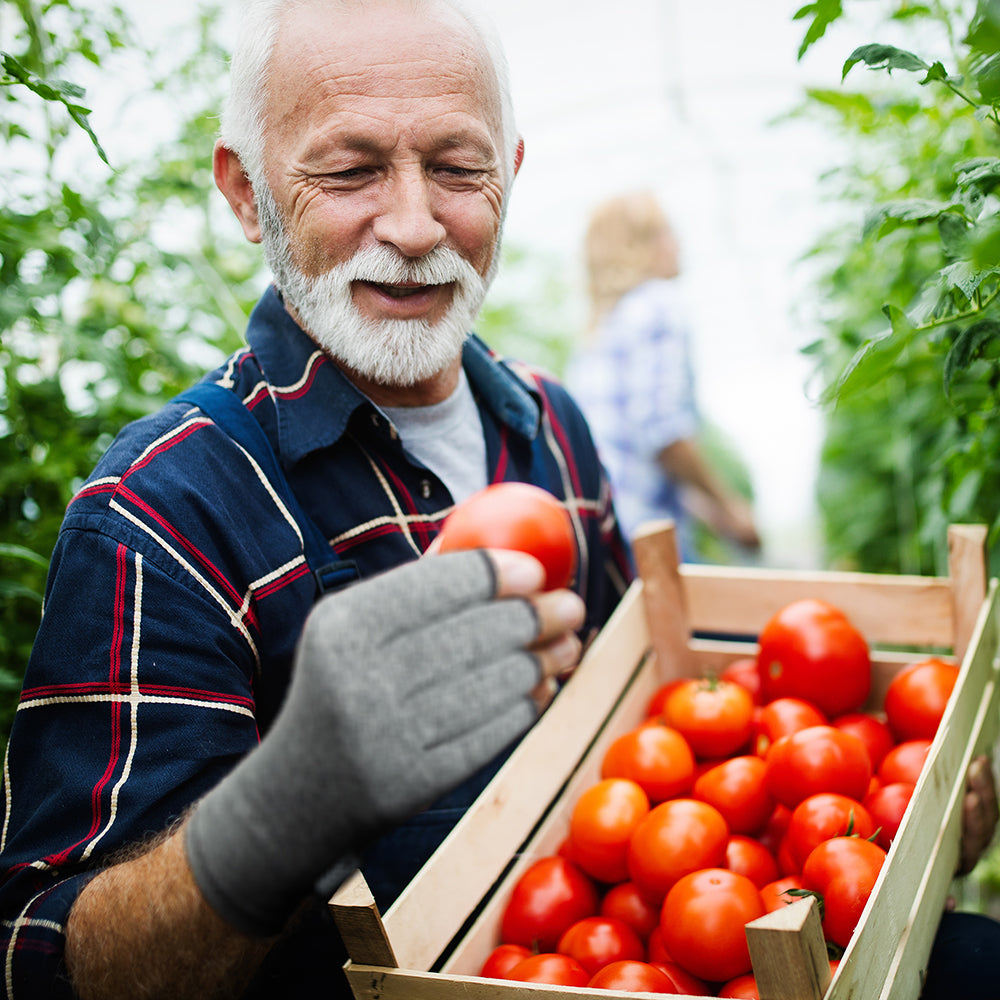 Man holding a crate of tomatoes in an outdoor setting with IMAK Compression Active Gloves