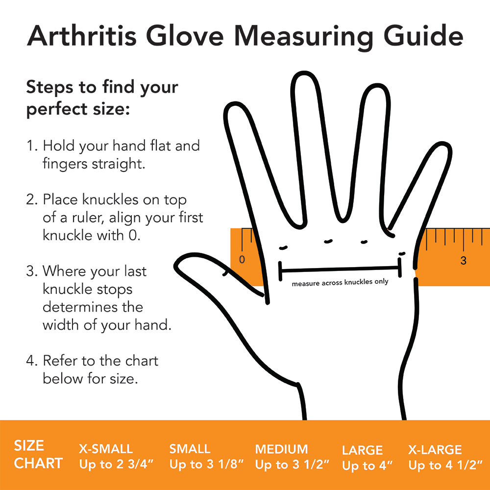 IMAK Compression Arthritis Gloves measuring guide with hand illustration and ruler for size determination.