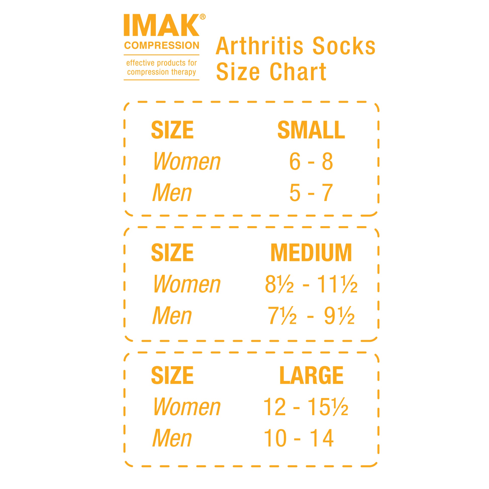 IMAK Compression Arthritis Socks Size Chart on a white background